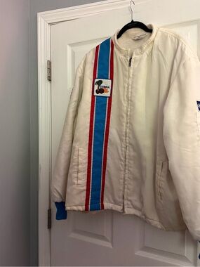 Collectible Vintage Ford Cream Bomber Jacket with Blue & Red Racing Stripes